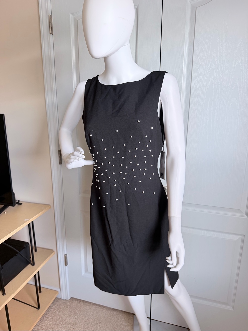New Karl Lagerfeld Paris Black Sleeveless Pearl-Embellished Midi Dress Size 6